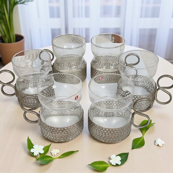 Vintage Iittala Tsaikka Glass with Stainless Holder Set of 6 - Picture 1 of 7
